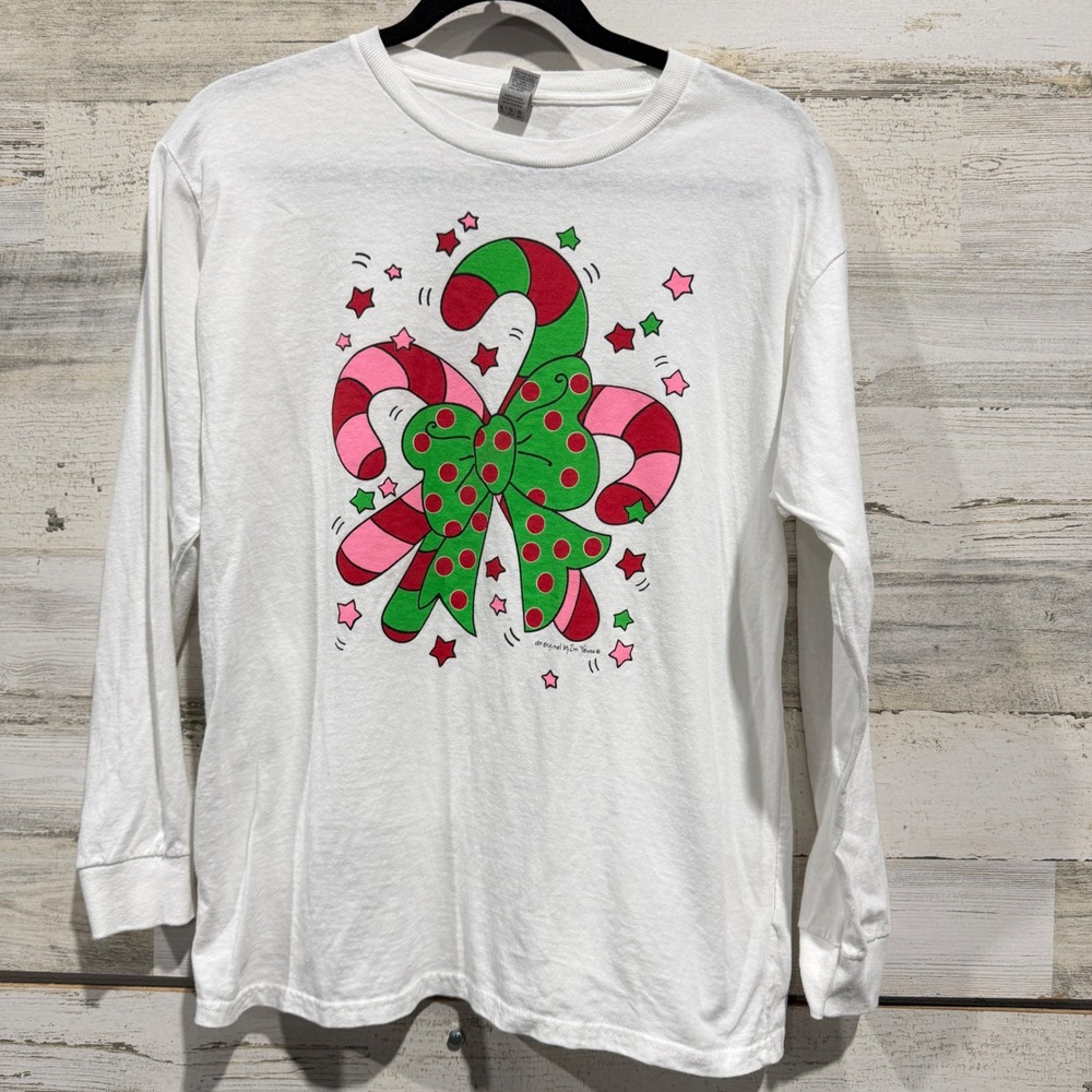 Gildan Long Sleeve Shirt Kids XL White Candy Cane Graphic Holiday EUC